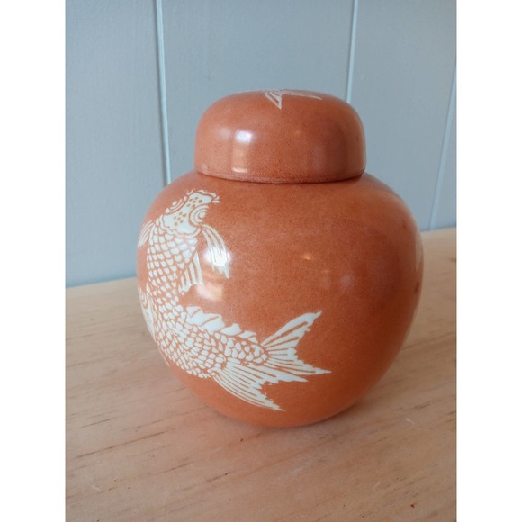 Vintage Neiman Marcus Porcelain Koi Ginger Jar - Picture 2 of 9